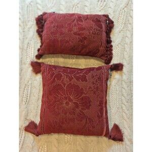 Set 2 Burgundy Tapestry Floral Borgata Throw Pillows Fringe Velvet Square READ